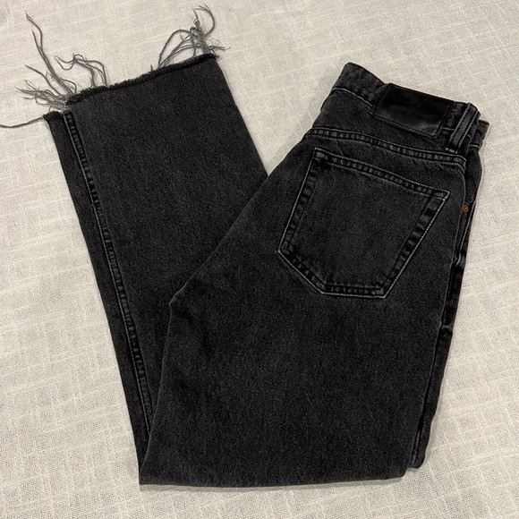 Zara High Waist Button Fly Distressed Hem Jeans | 2 | Black - Picture 2 of 6